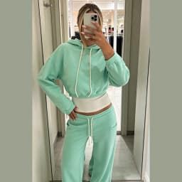 Women Soft Fabric Loungewear Two Piece Set Cropped Drawstring Hoodie Top Elastic Waist Wide Leg Sweatpants Street Tracksuit