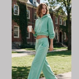 Women Soft Fabric Loungewear Two Piece Set Cropped Drawstring Hoodie Top Elastic Waist Wide Leg Sweatpants Street Tracksuit
