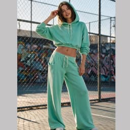 Women Soft Fabric Loungewear Two Piece Set Cropped Drawstring Hoodie Top Elastic Waist Wide Leg Sweatpants Street Tracksuit