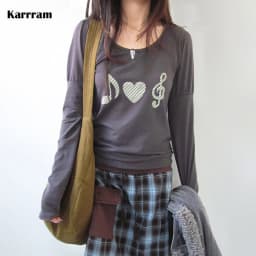 Karrram Japanese Y2k Heart Print T-shirt Vintage Harajuku Long Sleeve Gray T Shirt Korean 2000s Style Streetwear American Retro