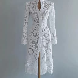Women's Floral Lace Hollow Out Elegant Dress Solid Single-breasted Stand Collar Sweet Long Sleeve Cardigan Outwear Midi Dresses