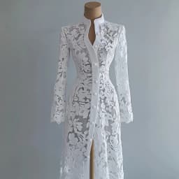 Women's Floral Lace Hollow Out Elegant Dress Solid Single-breasted Stand Collar Sweet Long Sleeve Cardigan Outwear Midi Dresses