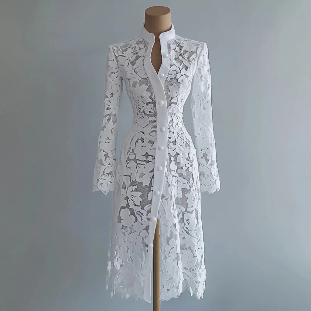 Women's Floral Lace Hollow Out Elegant Dress Solid Single-breasted Stand Collar Sweet Long Sleeve Cardigan Outwear Midi Dresses