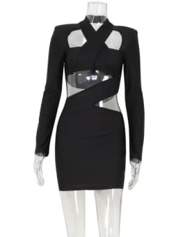 Ahagaga Sexy Club Women's Mini Dresses Solid Hollow Out V-Neck Regular Long Sleeves Sheath Bodycon Slim Fit Streetwear Vestidos