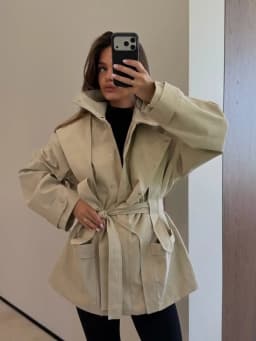 Elegant Women's Slim Trench Coat Stand Collar Zipper Button Irregular Waist Cinched Strap Puff Sleeve Jacket Autumn NEW Outfit