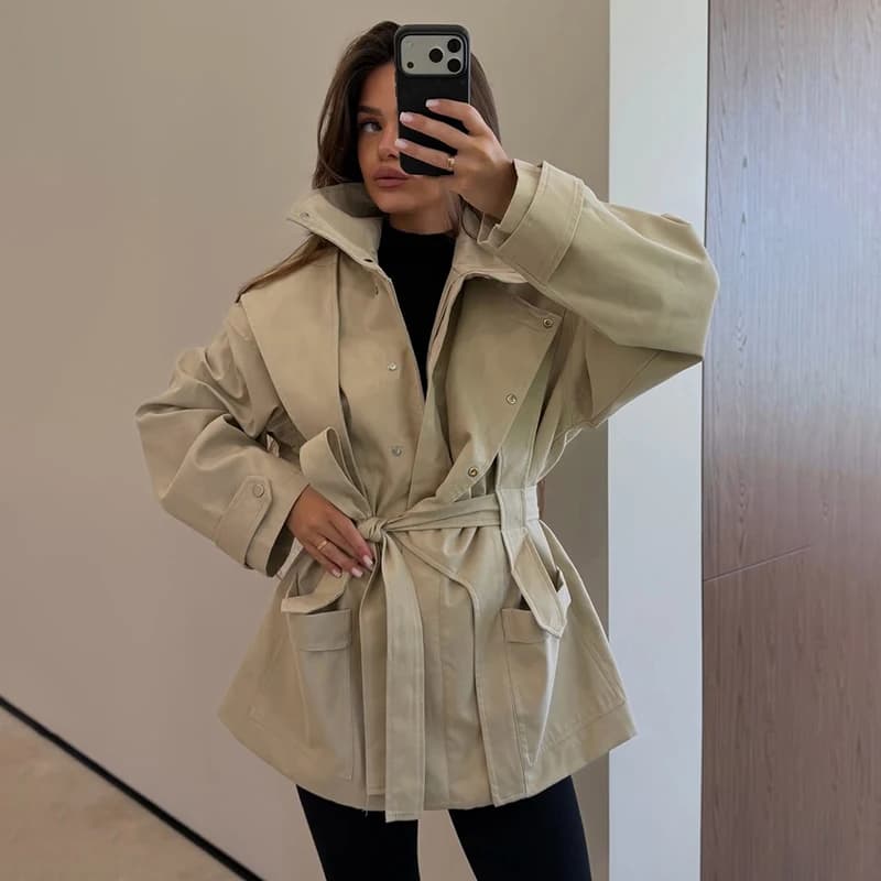 Elegant Women's Slim Trench Coat Stand Collar Zipper Button Irregular Waist Cinched Strap Puff Sleeve Jacket Autumn NEW Outfit