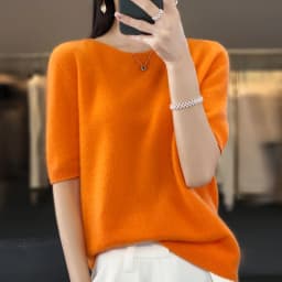 100% Merino Wool Women's O Neck Knitted T-Shirt Korean Pullover Short Sleeve Sweater Women's Basic Solid Color Half Sleeve Women