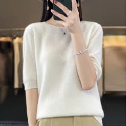 100% Merino Wool Women's O Neck Knitted T-Shirt Korean Pullover Short Sleeve Sweater Women's Basic Solid Color Half Sleeve Women