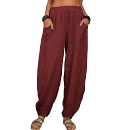 Women's Cotton Hemp Wide Leg Pants Summer Casual Vintage with Pockets Thin Beach Trousers Elastic Waist Retro Loose Harem Female