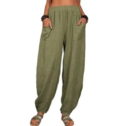 Women's Cotton Hemp Wide Leg Pants Summer Casual Vintage with Pockets Thin Beach Trousers Elastic Waist Retro Loose Harem Female