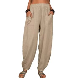Women's Cotton Hemp Wide Leg Pants Summer Casual Vintage with Pockets Thin Beach Trousers Elastic Waist Retro Loose Harem Female