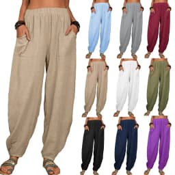 Women's Cotton Hemp Wide Leg Pants Summer Casual Vintage with Pockets Thin Beach Trousers Elastic Waist Retro Loose Harem Female