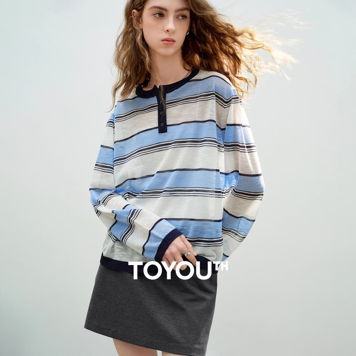 TOYOUTH Women Slub Linen Knit Tops 2026 Spring New Sporty Striped Loose Crew Neck Lightweight Blouses