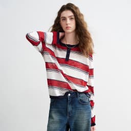 TOYOUTH Women Slub Linen Knit Tops 2026 Spring New Sporty Striped Loose Crew Neck Lightweight Blouses