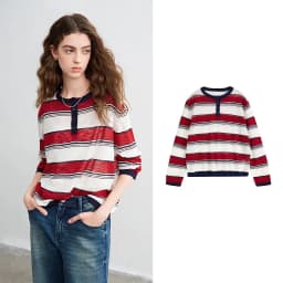 TOYOUTH Women Slub Linen Knit Tops 2026 Spring New Sporty Striped Loose Crew Neck Lightweight Blouses