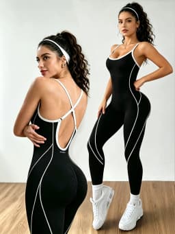 Women Contrast Piping Yoga Jumpsuit Thin Strap Open Back One Piece Workout Bodysuit High Elastic Slim Fitness Gym Sports Rompers