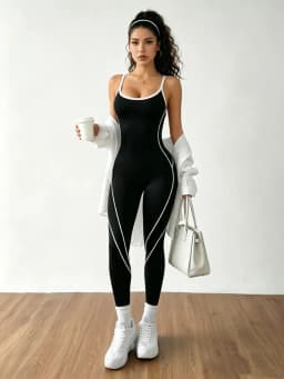 Women Contrast Piping Yoga Jumpsuit Thin Strap Open Back One Piece Workout Bodysuit High Elastic Slim Fitness Gym Sports Rompers
