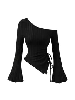 Women's Off-Shoulder Cross Long-Sleeved Slim Fit T-Shirt Asymmetrical Street Style Casual Elegant Top with Trumpet Sleeves