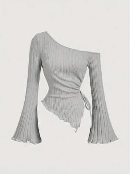 Women's Off-Shoulder Cross Long-Sleeved Slim Fit T-Shirt Asymmetrical Street Style Casual Elegant Top with Trumpet Sleeves