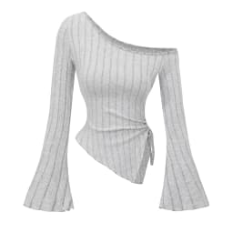 Women's Off-Shoulder Cross Long-Sleeved Slim Fit T-Shirt Asymmetrical Street Style Casual Elegant Top with Trumpet Sleeves
