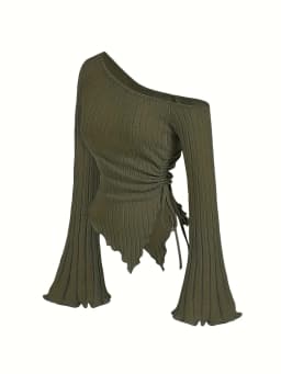 Women's Off-Shoulder Cross Long-Sleeved Slim Fit T-Shirt Asymmetrical Street Style Casual Elegant Top with Trumpet Sleeves