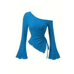 Women's Off-Shoulder Cross Long-Sleeved Slim Fit T-Shirt Asymmetrical Street Style Casual Elegant Top with Trumpet Sleeves