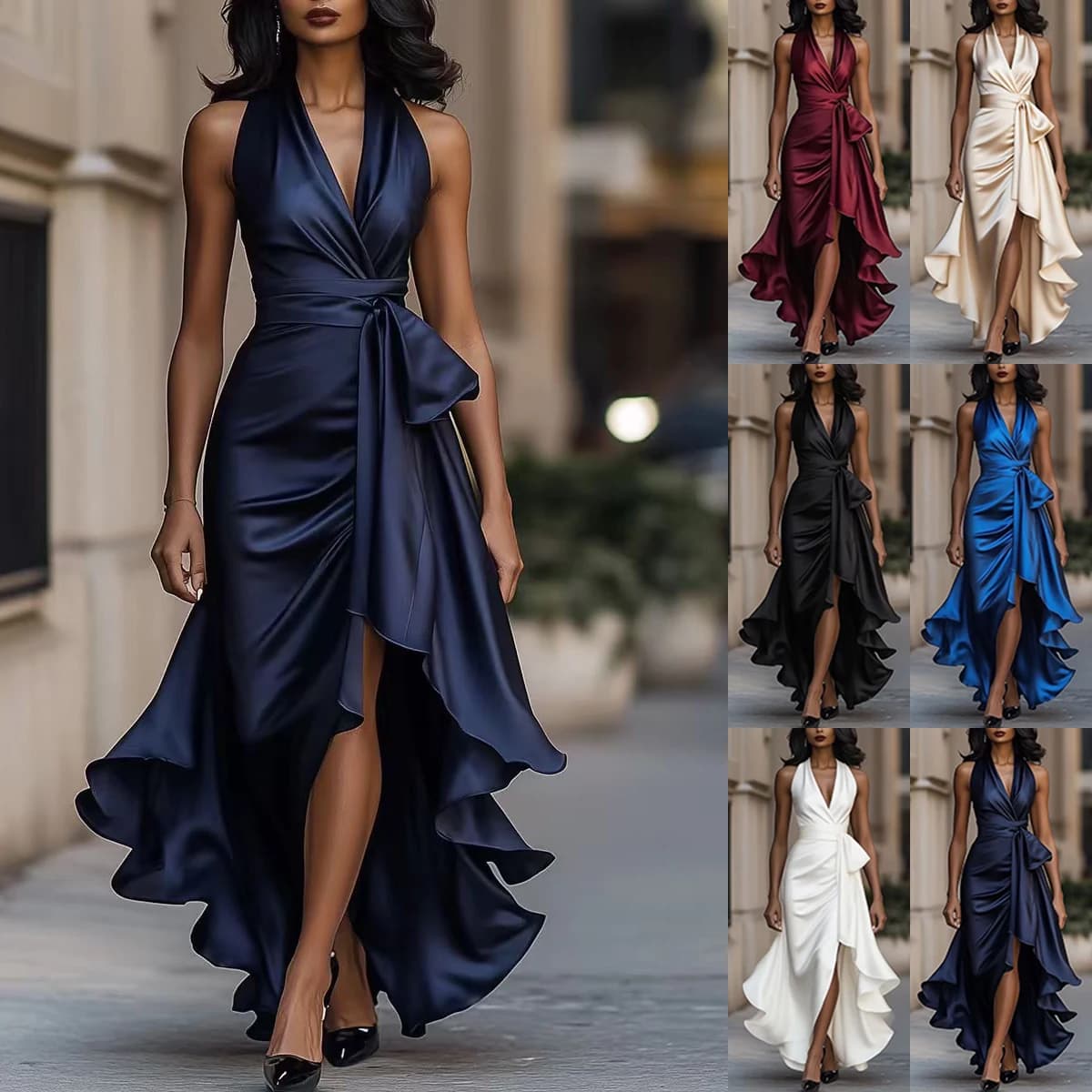 Women's Deep V-Neck Ruffled Evening Gowns Solid Lace-Up High Waist Satin Party Dresses Elegant Temperament Wedding Guests Dress