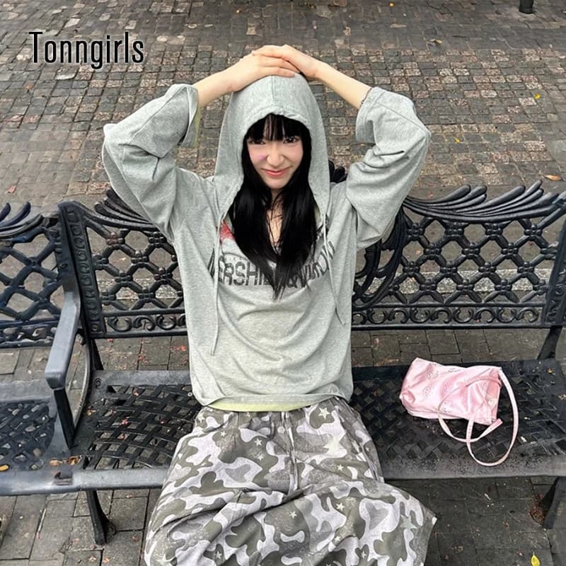 Tonngirls Y2k Vintage T-shirt Women Casual Loose Print Graphic Tops Hooded Japanese 2000s Grunge Tops Streetwear Aesthetic Tops