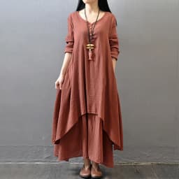 Irregular Button Women's Cotton and Linen Pocket Dress Korean Round Neck Short Sleeved Loose Solid Color Irregular Double-Layer