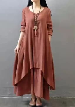 Irregular Button Women's Cotton and Linen Pocket Dress Korean Round Neck Short Sleeved Loose Solid Color Irregular Double-Layer