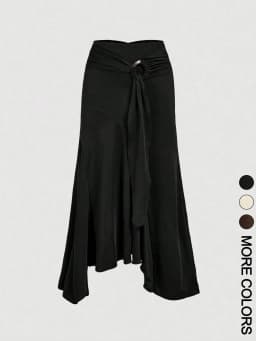 Ladies High Waist Midi Skirt with O-Ring Belt Detail Asymmetrical Gathered Hem And Fish Tail Design for Women
