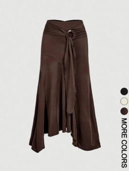 Ladies High Waist Midi Skirt with O-Ring Belt Detail Asymmetrical Gathered Hem And Fish Tail Design for Women