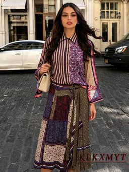 Women Fashion Stripe Print Sets Leisure Short Sleeve Button Shirt + Asymmetry Hem Fold Skirts Summer Autumn Vacation 2 Pieces