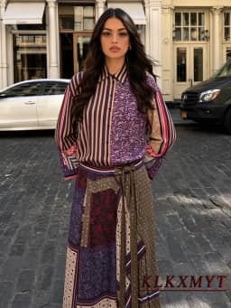 Women Fashion Stripe Print Sets Leisure Short Sleeve Button Shirt + Asymmetry Hem Fold Skirts Summer Autumn Vacation 2 Pieces
