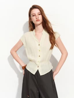 FSLE 2026 Summer Women's Linen V-Neck Cap Sleeve Blouse with Plaid Print and Waist-Defining Fit - Casual Style for Daily Wear