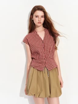 FSLE 2026 Summer Women's Linen V-Neck Cap Sleeve Blouse with Plaid Print and Waist-Defining Fit - Casual Style for Daily Wear