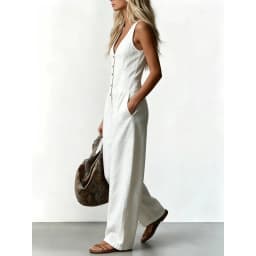 Women V Neck Spaghetti Strap Jumpsuit High Waist Pleated Wide Leg Long Pants with Pockets Casual Vacation Solid Overalls