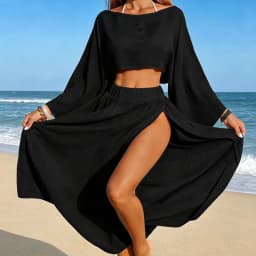 Fashion Casual Short Top and Split Skirt Set, Summer Vacation Lightweight Sheer Beach Cover-Up, Two-Piece Swimsuit for Women