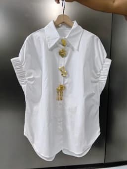 Luxury Design Removable Sequins Blouses Shirts Women 2026 Summer Trend Short Sleeve Black White Tops for Women рубашка женская