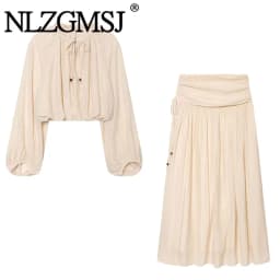 NLZGMSJ 2026 Summer Casual Women Suit O-neck Wrinkle Effect Short Blouse Zipper Long Straight Skirt Fashion Holiday Sets