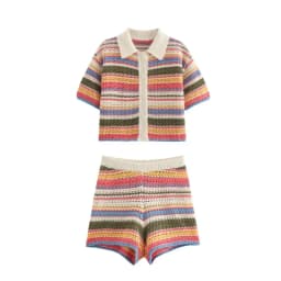 Color Stripe Knit Set Women Short Polo Neck Crop Top Retro Beach Shorts 2025 Summer Vacation Matching Outfit