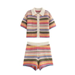 Color Stripe Knit Set Women Short Polo Neck Crop Top Retro Beach Shorts 2025 Summer Vacation Matching Outfit