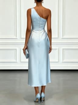 Elegant One Shoulder Satin Ruched Midi Dress for Formal Evening Cocktail Party