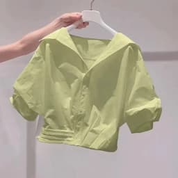 Fanan 2026 Summer New Lapel Bubble Sleeve Shirt Women Loose Fit Cropped Top Female Blouse Shirt