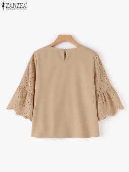 ZANZEA 3/4 Ruffle Sleeve Loose Blusa Women Hollow Out Lace Patchwork Solid Color Tops Everyday 2024 Summer Casual Elegant Blouse