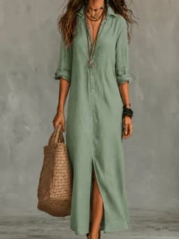 Summer Women Breathable Linen Maxi Shirt Dress Turn Down Collar Rollable Sleeve Back Split Loose Casual Cover Up Long Dress