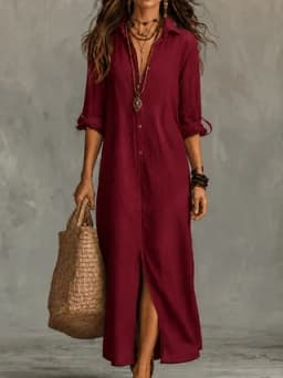 Summer Women Breathable Linen Maxi Shirt Dress Turn Down Collar Rollable Sleeve Back Split Loose Casual Cover Up Long Dress