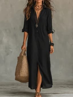 Summer Women Breathable Linen Maxi Shirt Dress Turn Down Collar Rollable Sleeve Back Split Loose Casual Cover Up Long Dress