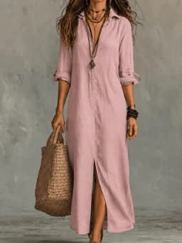 Summer Women Breathable Linen Maxi Shirt Dress Turn Down Collar Rollable Sleeve Back Split Loose Casual Cover Up Long Dress
