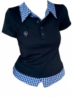 Preppy Collared T-Shirts for Women Splicing Design Short Sleeve Plaid Tees Slim Fit Casual Summer Fake Two Piece Basic Shirts